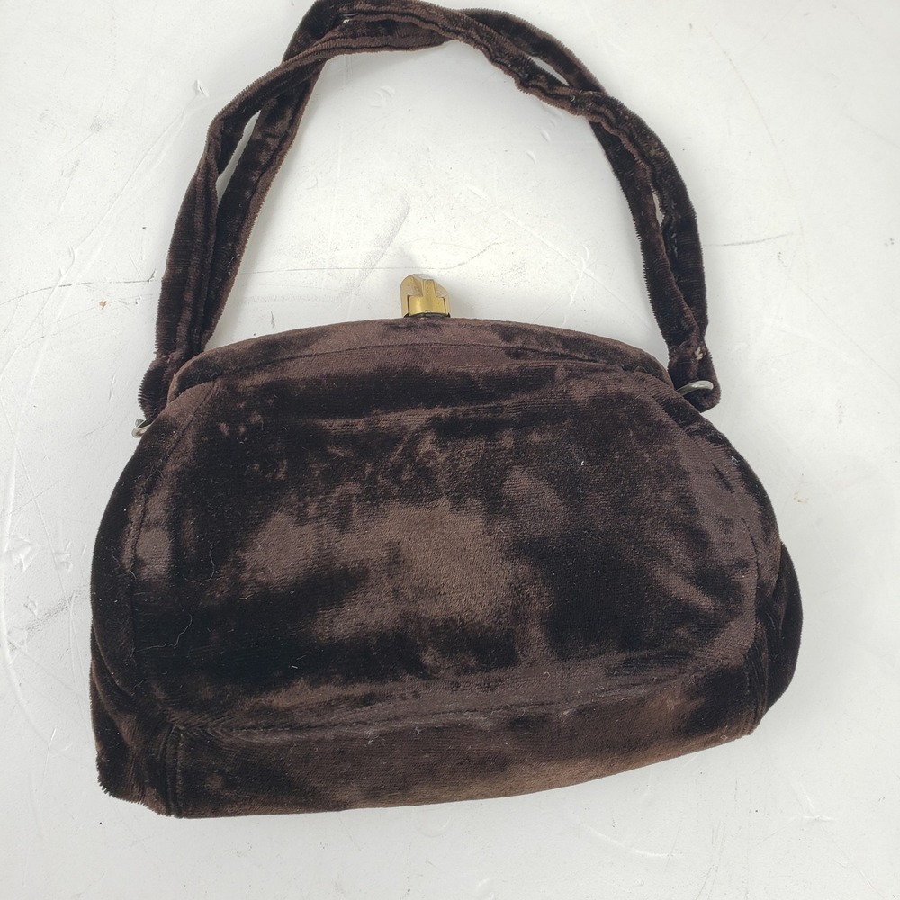 Vintage Garay Brown Velvet Handbag Gold Tone Twist Lock Mid Century Evening Bag